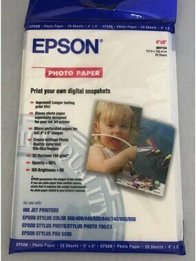 Epson 4"x6" Photo Paper 20 Sheets Glossy Inkjet Printer Snapshot Quality